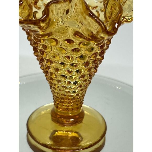 Vintage Yellow Amber Fenton Glass Hob Nail Small Cone Trumpet Vase Miniature 4” - Picture 2 of 7